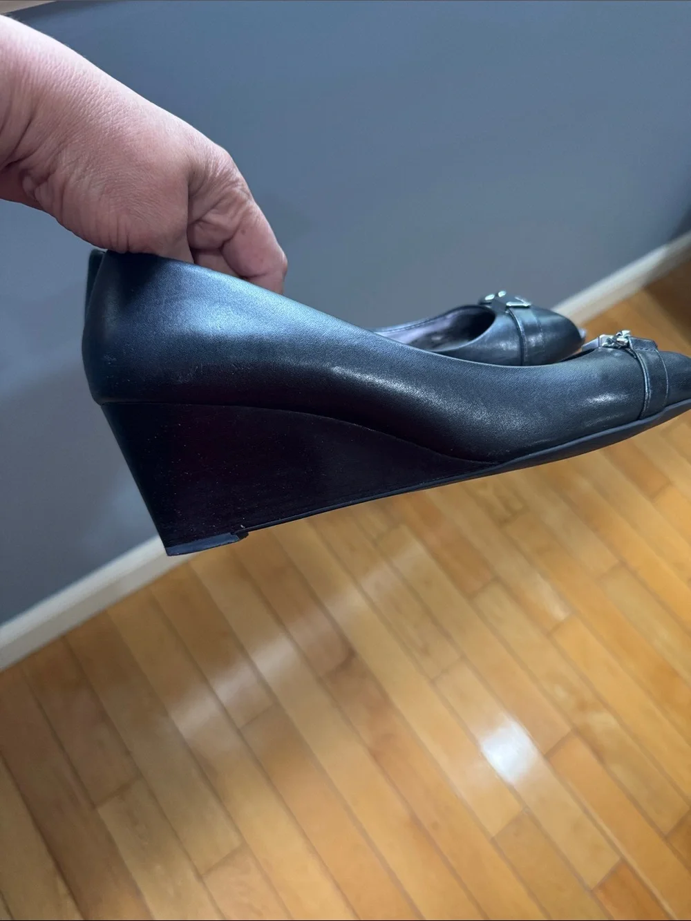 Coach Black Leather Peep-Toe Heels with Signature Buckle